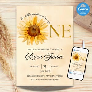 Editable Sunflower 1st Birthday Invitation Sunflower Invite Template Sunflower Birthday Invitation First Birthday Girl Invite Printable