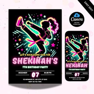 Convite de aniversário de karatê para meninas Convite para festa de artes marciais personalizável Convite para festa de aniversário com tema de karatê Convite de aniversário para meninas Karatê