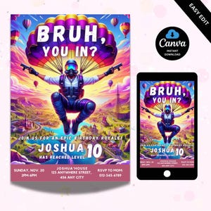 Bearbeitbare Bruh Geburtstagseinladung, Gamer Geburtstagsparty einladen, Videospiel-Party Evite, Canva Digitale Vorlage, Gamer Party druckbare Geburtstagskarte