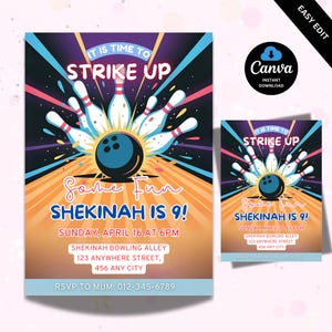 Bowling Party Invitation, Birthday Invitation, Girl Bowling Invite, Pins, Let&#39;s Strike Up Some Fun, Editable Evite Template, Editable Canva