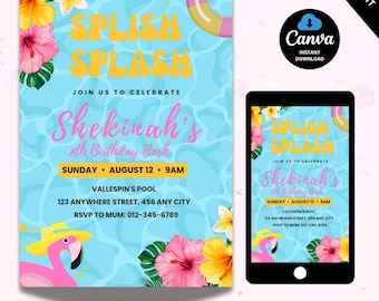 Pool Party Birthday Invitation, Splish Splash Birthday, Pool Party Invite for Girls, Summer Birthday Party, Printable Birthday Invite, Canva