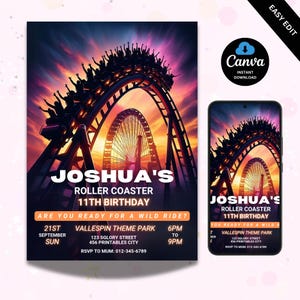 Może przedstawiać: Cyfrowe zaproszenie na 11. urodziny Joshuy, z kolejką górską i diabelskim młynem na tle zachodu słońca. Tekst brzmi "Joshua's Roller Coaster 11th Birthday" ze szczegółami wydarzenia. Zawiera makieta telefonu.