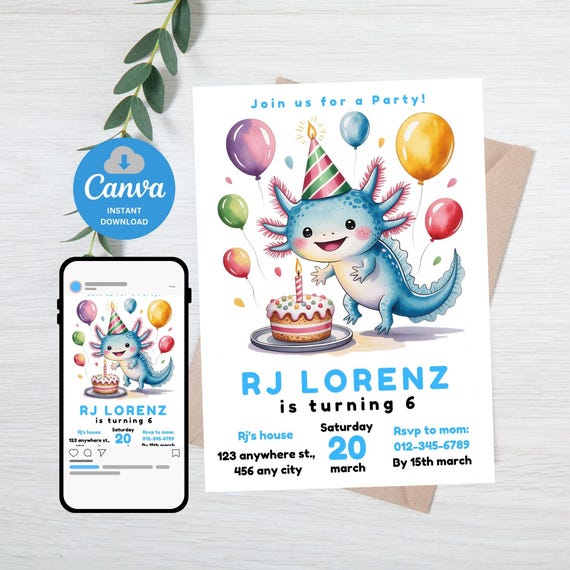 Editable Axolotl Birthday Invitation for Boys, Under the Sea Party Invite, Cute Ocean Animal Printable, Digital Canva Birthday Template