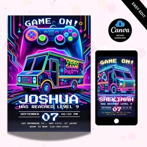 Video Game Birthday Invitation Neon theme Video Game Truck Birthday Party Invitation Instant Digital Download Gamer Birthday Invite