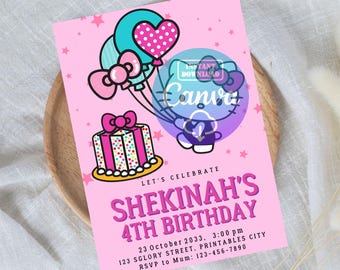 Editable Kitty Birthday Invitations, Kawaii Kitty Birthday Invites, Cute Cat Evite, Pink Kitty Birthday Party Announcement