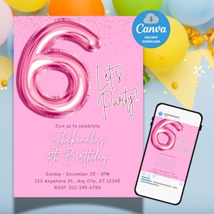 Pink Birthday Invitation Girl Editable, Glitter 6th Birthday Party Invite Template, Sparkle Birthday Card, Digital Download for Kids Party