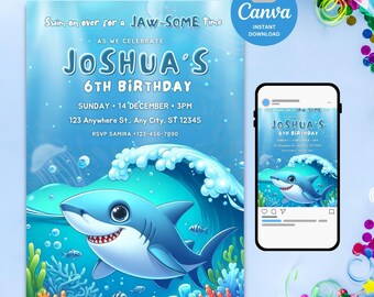 Invito di compleanno a tema squalo modificabile per ragazzi e ragazze, invito per festa a tema oceano per bambini, modello stampabile per festa a tema squalo sottomarino