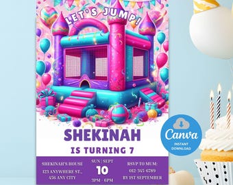 Let's Jump, Bounce House Birthday Invitation, Editable Bounce Party Invite Inflatable Jump House Theme, Kids Birthday canva Instant Download