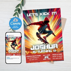 Skateboarding Birthday Invitation Editable, Printable Skate Party Invite for Boys & Teens, Skateboard Birthday Template, Digital Download