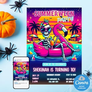 Invitación de cumpleaños de Summerween / Invitación editable para fiesta de fantasmas en la piscina / Descarga digital / Celebración de verano espeluznante / Fiesta de esqueletos en la piscina