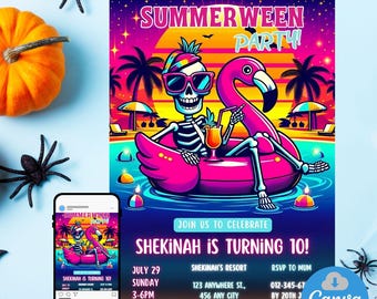 Summerween födelsedagsinbjudan | Redigerbar spökpoolpartyinbjudan | Digital nedladdning | Spöklikt sommarfirande | Skelettpoolparty