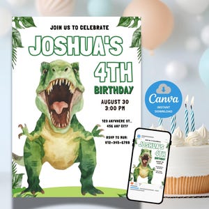 Dinosaur Birthday Invitation Template, Editable Dinosaur 4th Birthday Invitation, DinoFour, TRex Party Invite Template, Green Dino Birthday