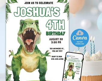 Dinosaur Birthday Invitation Template, Editable Dinosaur 4th Birthday Invitation, DinoFour, TRex Party Invite Template, Green Dino Birthday
