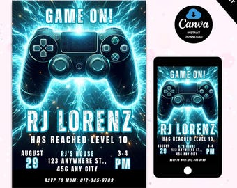 Faire-part de fête d'anniversaire jeu vidéo, passer un niveau supérieur, invitation de fête d'arcade, invitation néon phosphorescent, fête d'anniversaire de joueur vidéo phosphorescente