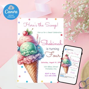 Editable Ice Cream Birthday Invitation, Sweet Party Invite, Here&#39;s the Scoop, Pink Purple Pastel Gold Girl Birthday, Canva Printable