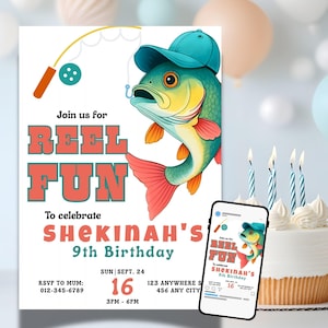 Editable Fishing Birthday Invitation Template, Fishing Invite, Fish Birthday invitation, Reel in the Fun, Birthday Invitation for kids CANVA