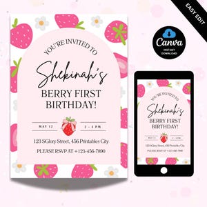 Berry 1st birthday invitation, berry first birthday, strawberry digital invite, Berry Mobile Invite, Birthday Invitation, Canva Editable