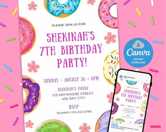 Editable Donut Birthday Invitation, Sweet Dessert Candy Party Invite, Donut Theme Printable Kids Birthday Canva Template