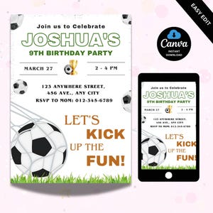 Editable Soccer Birthday Invitation Template, Football Invite, Kids Soccer Invite, Instant Download, Canva. Let's Kick it Soccer Invite