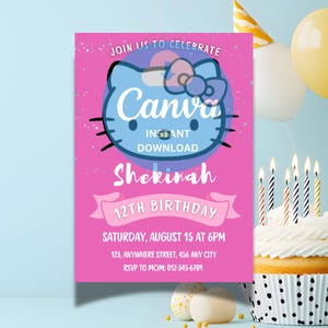 Invitaciones de cumpleaños de gatitos, invitaciones de cumpleaños de gatitos, lindo gatito Evite, anuncio de fiesta de cumpleaños de gatito rosa