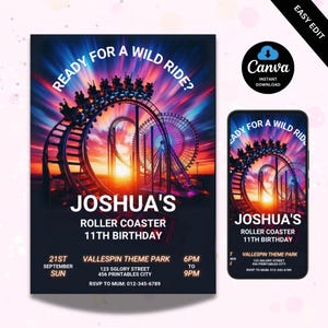 Pode incluir: Um design de convite vibrante para o 11º aniversário de Joshua, com uma montanha-russa e uma roda-gigante contra um fundo de pôr do sol. O texto diz "Ready for a Wild Ride?" e inclui detalhes do evento.
