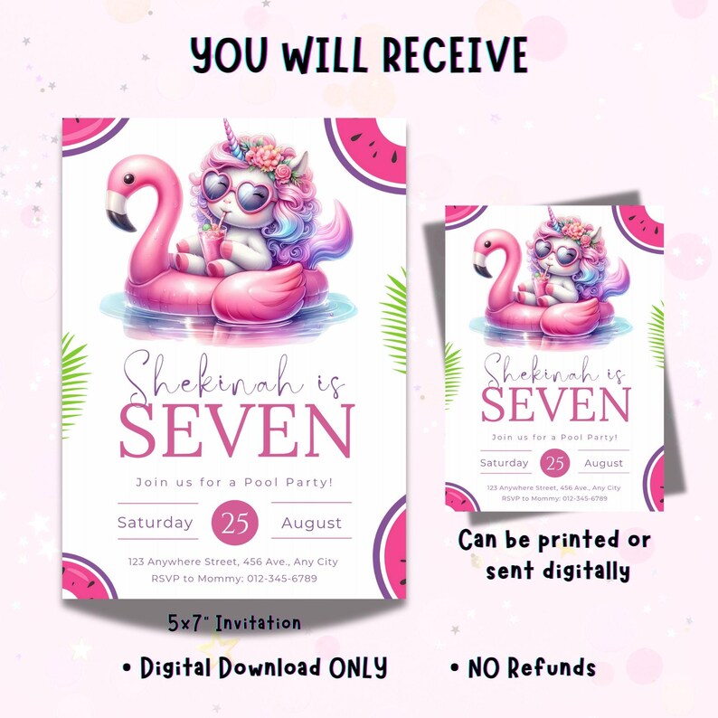 Peut inclure: Deux invitations avec un design de flamant rose et de licorne. Les invitations indiquent "Shekinah is SEVEN" et incluent les d&eacute;tails de la f&ecirc;te. Le texte "YOU WILL RECEIVE" et "Can be printed or sent digitally" sont &eacute;galement visibles.