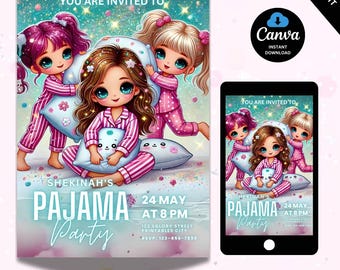 Sleepover Birthday Invitation for Girls | Editable Digital Download | Slumber Pajama Party Invite | Printable Sleepover Template | Canva