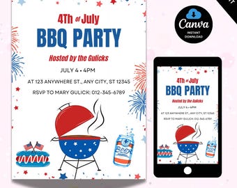 Invitation barbecue d'amis modifiable le 4 juillet Invitation barbecue du jour de l'indépendance Invitation barbecue, 4 juillet Invitation barbecue, fête aux Etats-Unis, 4 juillet