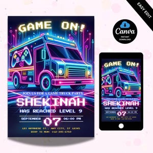 Video Game Birthday Invitation Neon theme Video Game Truck Birthday Party Invitation Instant Digital Download Gamer Birthday Invite