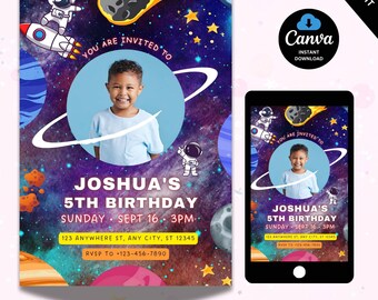 Space Birthday Party Invitation, Galaxy Invitation, Space Birthday, Rocket Birthday Invite, Astronaut Outer Space, Canva
