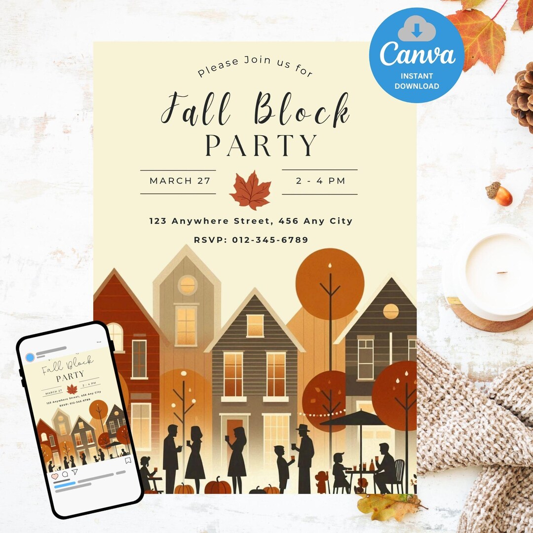 Fall Block Party Invite, Block Party Invitation Flyer, Editable Fall ...