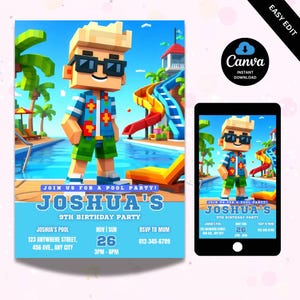Pool-Party Geburtstagseinladung, Gamer-Geburtstags-Einladung, Minecrafter Geburtstag einladen, Geburtstagseinladung für Jungen, Pool-Party-Einladung