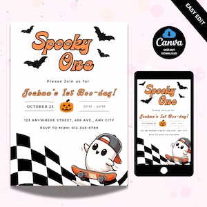 Spooky One Geburtstagseinladung bearbeitbar Halloween 1. Geburtstag einladen Erster Geburtstag Sofort Download Spooky One Skateboard Geist Evite