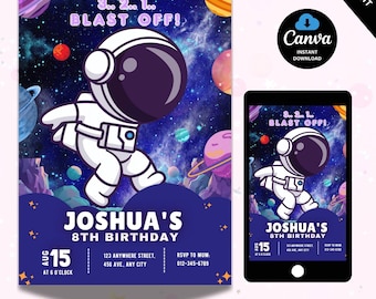 Editable Space Birthday Party Invitation, Galaxy Invitation, Space Birthday, Rocket Birthday Invite, Astronaut Outer Space, Canva, Printable