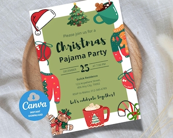 Christmas Pajama Party Invitation, Pajama Invitation, Christmas Party Invitation, Holiday Party Invite, Xmas Party, Editable Canva Template