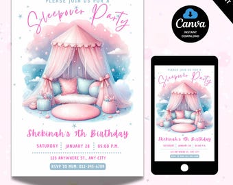 Sleepover Birthday Party Invitation, Minimalist Slumber Party Invite, Girl Pajama Party, Glamping Tent Digital Printable Editable in Canva