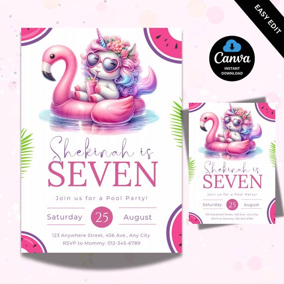 Pool Party Unicorn Birthday Invitation, Unicorn Birthday Invite Template, Birthday Invitation for Girls Pool Party Invitation Editable Canva