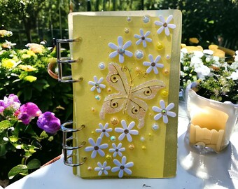 Themed - Yellow Butterfly Flowers Notebook - Handmade