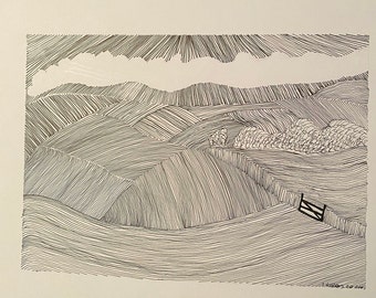 Black and white line drawing Original Artwork by Helen Round