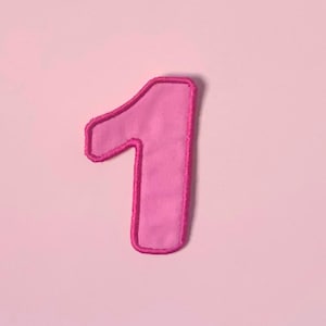 May include: A bright pink fabric patch in the shape of the number one. The patch features a smooth, solid pink centre with a darker pink stitched border that outlines the numeral, creating a clean and defined edge for this decorative applique.