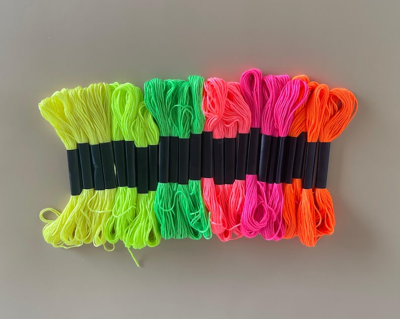 Neon Color Thread Pack Creative Stitching Supply Premium Embroidery Floss Collection Vibrant Art Material Six Strand Set Bright Yellow Green Orange Pink Project Supply Kit Handcraft Essential Complete Creative Making Collection Quality