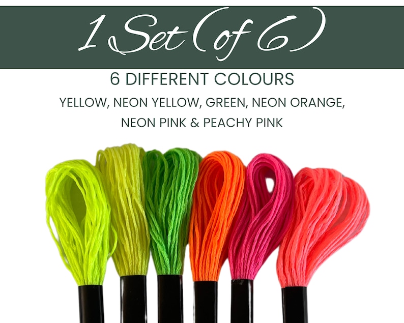 Creative Project Supply Neon Embroidery Thread Vibrant Color Collection Premium Quality Floss Set Six Strand Pack Bright Yellow Green Orange Pink Peach Material Art Supply Kit Complete Maker Essential Handcraft Collection