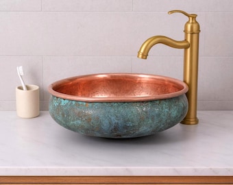 Handmade Moroccan Oxidized Brass Sink , Green Patina Vessel Sink , Copper Interior Basin , Rustic Bathroom Vanity Bowl , Moroccan Sink