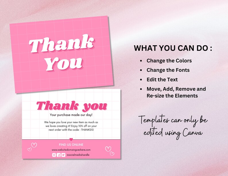 Thank You Card Editable Canva Template Printable Business Card Small ...