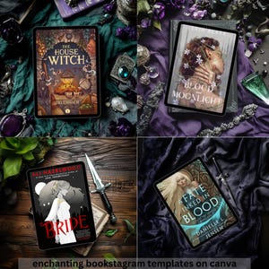 May include: Four different book covers with a dark, moody aesthetic. The covers feature a witch, a woman in a forest, a woman with a crown of flowers, and a woman with a sword. The covers are all on a dark background with various props, such as flowers, candles, and jewelry.