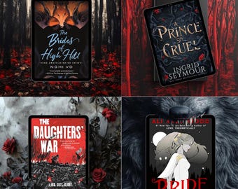 Puede incluir: Cuatro portadas de libros mostradas en una tableta digital. Las portadas presentan novelas de fantasía y romance con títulos como "The Brides of High Hill", "A Prince So Cruel", "The Daughters' War", y "Bride". Las portadas están ambientadas en fondos de rosas rojas, un bosque oscuro y una cabeza de lobo.
