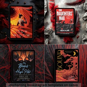 May include: Four different book covers displayed on a black background with red and black feathers. The covers are for the books "Iron Widow", "The Daughters' War", "The Brides of High Hill", and "Falbound".