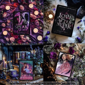 May include: Four digital tablets displaying book covers, surrounded by flowers, candles, and decorative elements. The covers feature titles like "Speak No Evil," "Love After Never," "A Spell for Heartsickness," and "Caught in the Devil's Hand." The image is a bookstagram template.