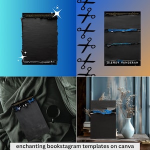 May include: Three different bookstagram templates featuring black book covers with blue accents. The first template features a black book cover with a blue accent on a blue and pink background. The second template features a black book cover with a blue accent on a blue and orange background. The third template features a black book cover with a blue accent on a wooden table with a vase of dried flowers.