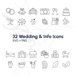 Könnte beinhalten: Eine Sammlung von 32 Hochzeits- und Info-Symbolen in einfachem Schwarz-Weiß-Strichstil. Die Symbole umfassen Ringe, Glocken, ein Auto, eine Kamera, Sektgläser, eine Torte, eine Palme, Feuerwerk, Noten, eine Discokugel, ein Kleid und einen Anzug.